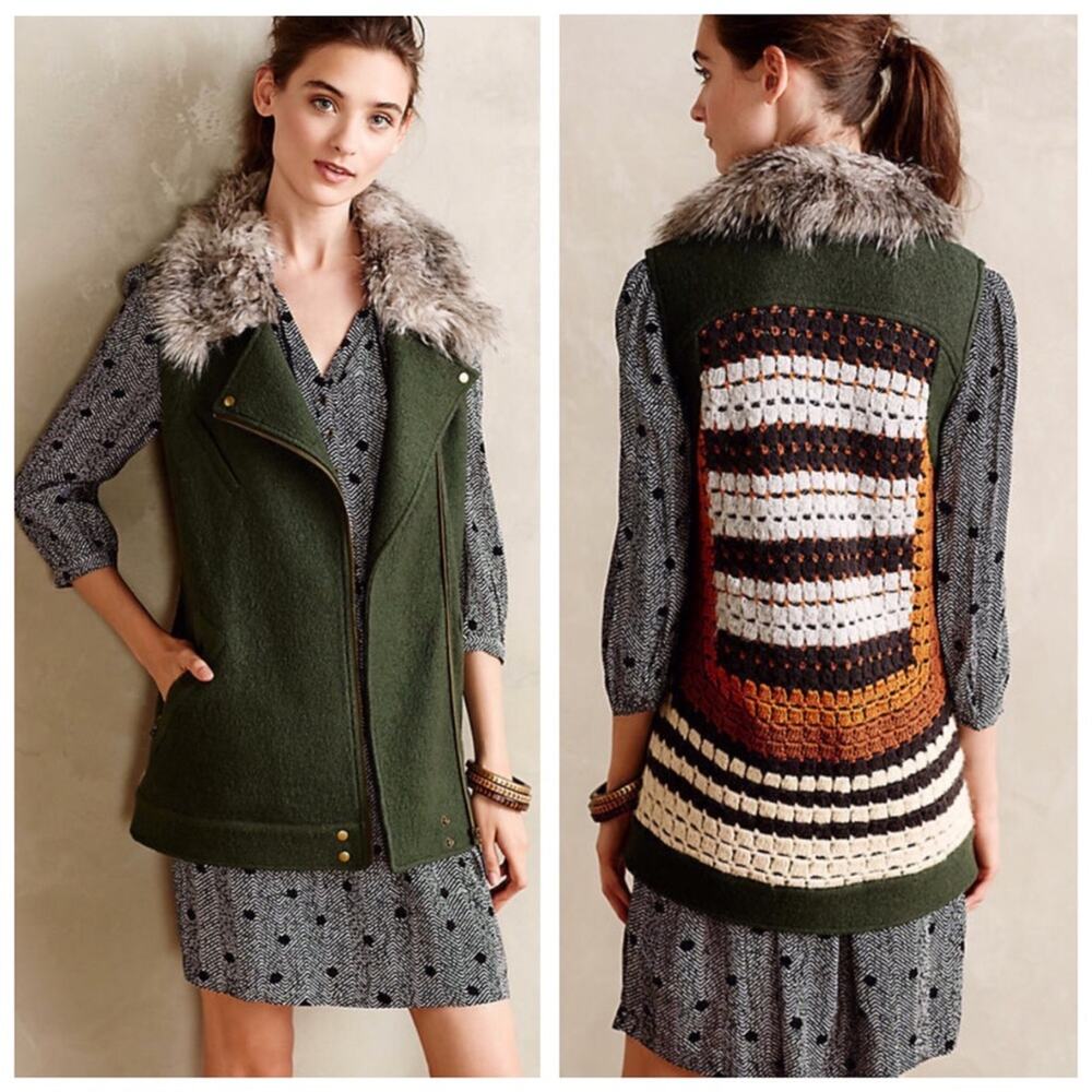 Anthropologie Maeve Green Crochet Fur Collar Vest